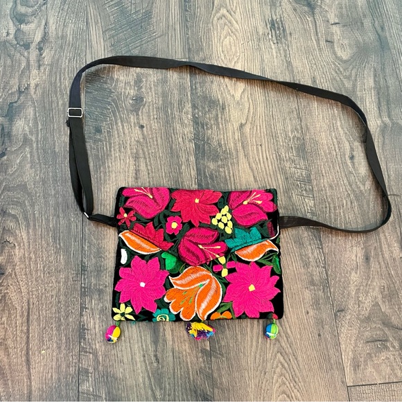 Handbags - Embroidered Over The Shoulder Flower Bright Colored Purse Orange and Pink